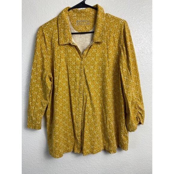 Eddie Bauer Womens Mustard Button Up Top Plus size 2XL 3/4 Sleeve Jersey Casual - Picture 1 of 13